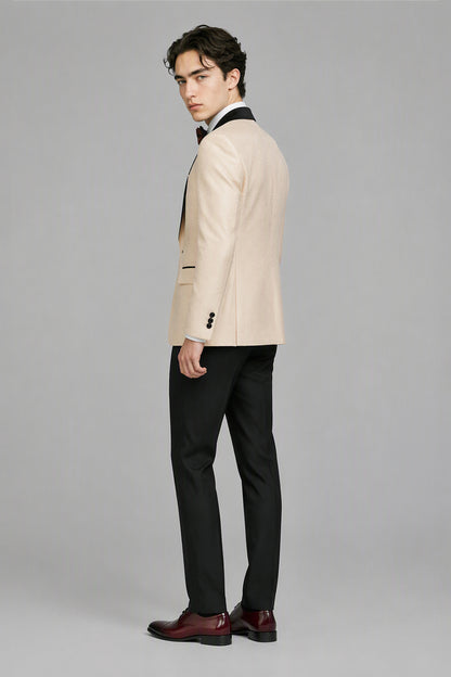 Savile Champagne Jacquard 3-Piece Tuxedo Set – Full front standing view showing slim-fit silhouette, black satin shawl lapel and complete look