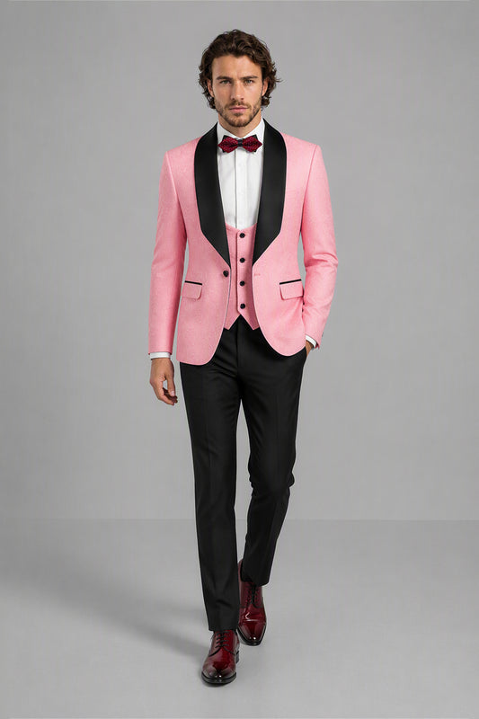 Savile Pink Jacquard 3-Piece Tuxedo Set – Full front close-up showing blush pink floral jacquard texture, black satin shawl lapel, pink vest and red bow tie