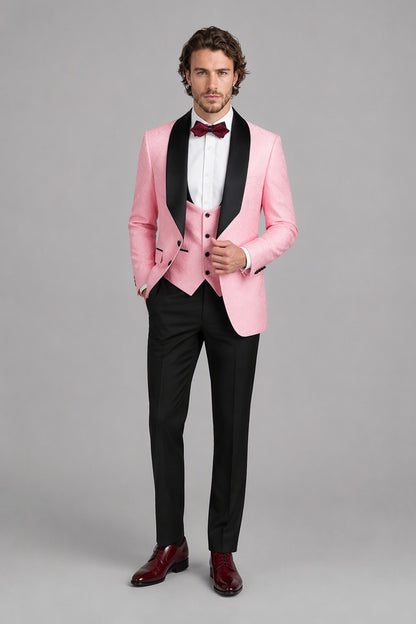 Savile Pink Jacquard 3-Piece Tuxedo Set – Full front walking view showing pink jacquard jacket, vest, white shirt and black trousers with burgundy oxford shoes