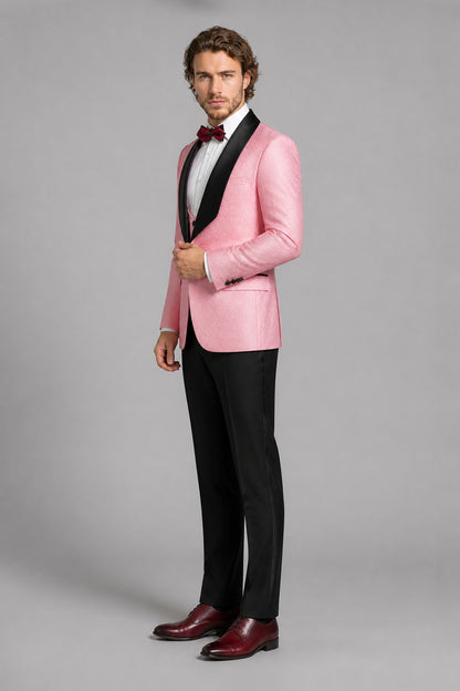 Savile Pink Jacquard 3-Piece Tuxedo Set – Three-quarter side view showing pink jacquard texture, satin lapel profile and tapered black trouser fit