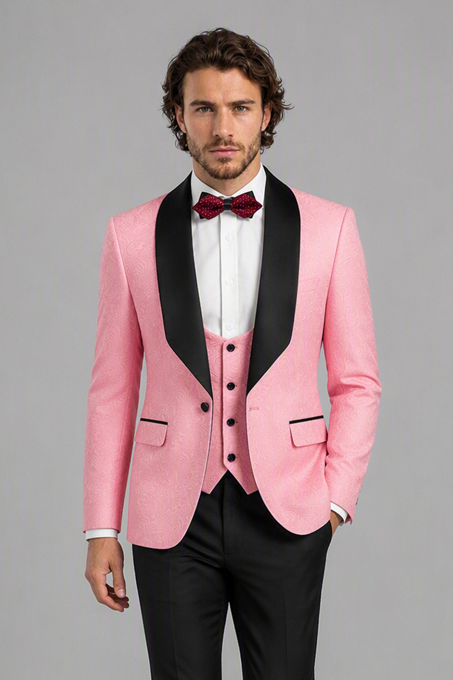 Savile Pink Jacquard 3-Piece Tuxedo Set – Full side profile view showing slim silhouette, blush pink jacquard body and black satin lapel contrast