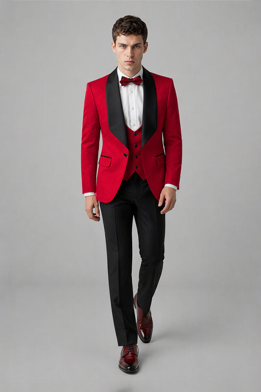 Savile Red 3-Piece Tuxedo Set – Half-body front close-up showing red wool-blend jacket, black satin shawl lapel, red vest with black buttons and red bow tie