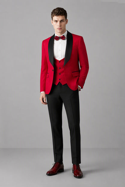 Savile Red 3-Piece Tuxedo Set – Full front walking view showing red jacket, vest, white shirt and black trousers with burgundy oxford shoes