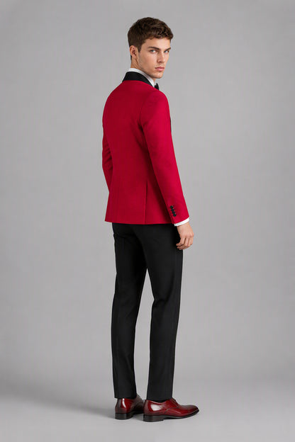 Savile Red 3-Piece Tuxedo Set – Full front standing view, hand in pocket showing slim-fit silhouette and black satin shawl lapel contrast