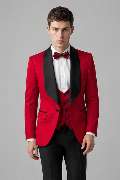 Savile Red 3-Piece Tuxedo Set – Three-quarter side view, model holding jacket showing slim silhouette, red body and black satin lapel profile