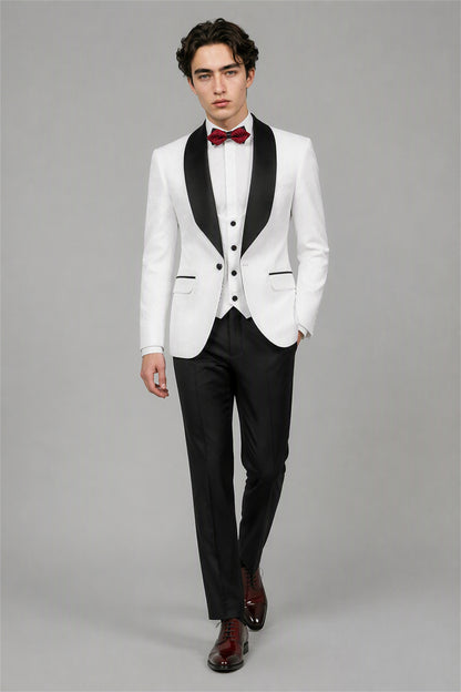 Savile White 3-Piece Tuxedo Set – Half-body front close-up showing white wool-blend jacket, black satin shawl lapel, white vest with black buttons and burgundy bow tie