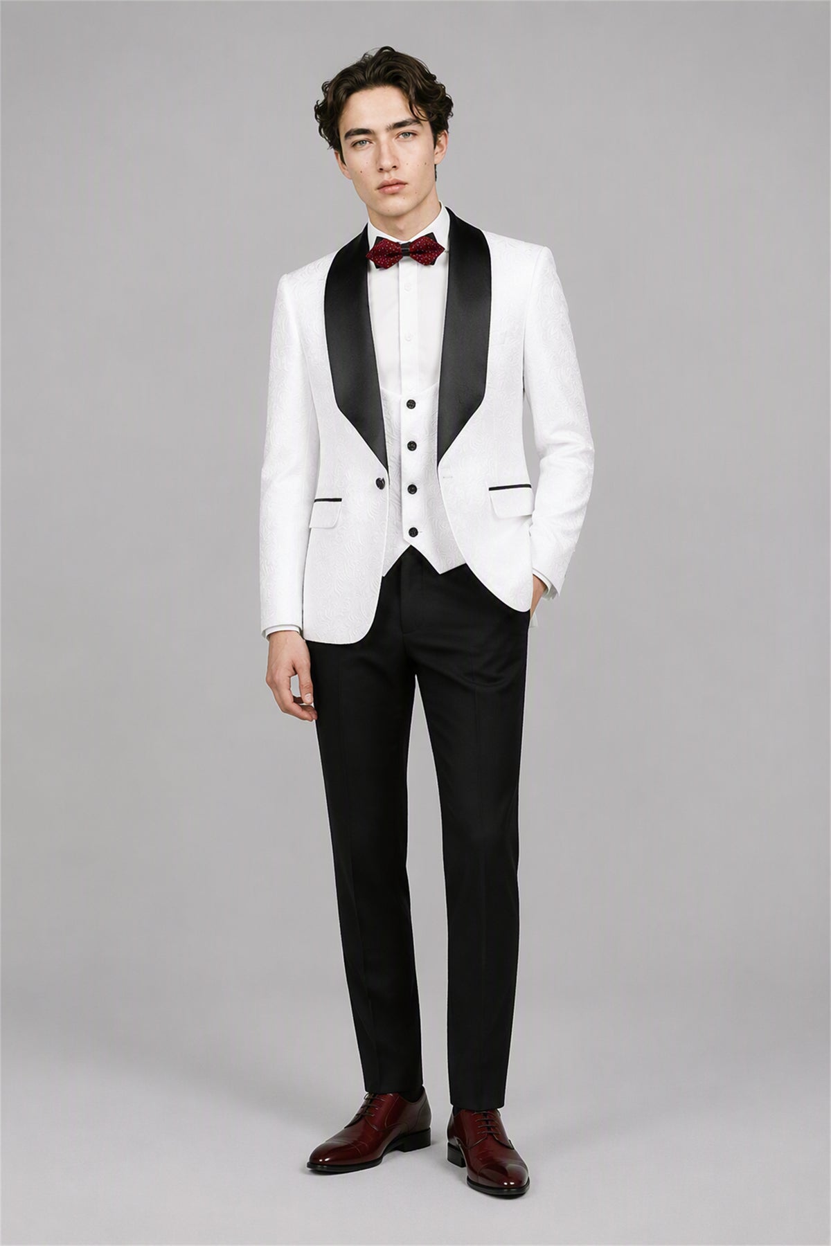 Savile White 3-Piece Tuxedo Set – Full front walking view showing white jacket, vest, white shirt and black trousers with burgundy oxford shoes