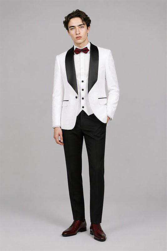 Savile White 3-Piece Tuxedo Set – Full front walking view showing white jacket, vest, white shirt and black trousers with burgundy oxford shoes