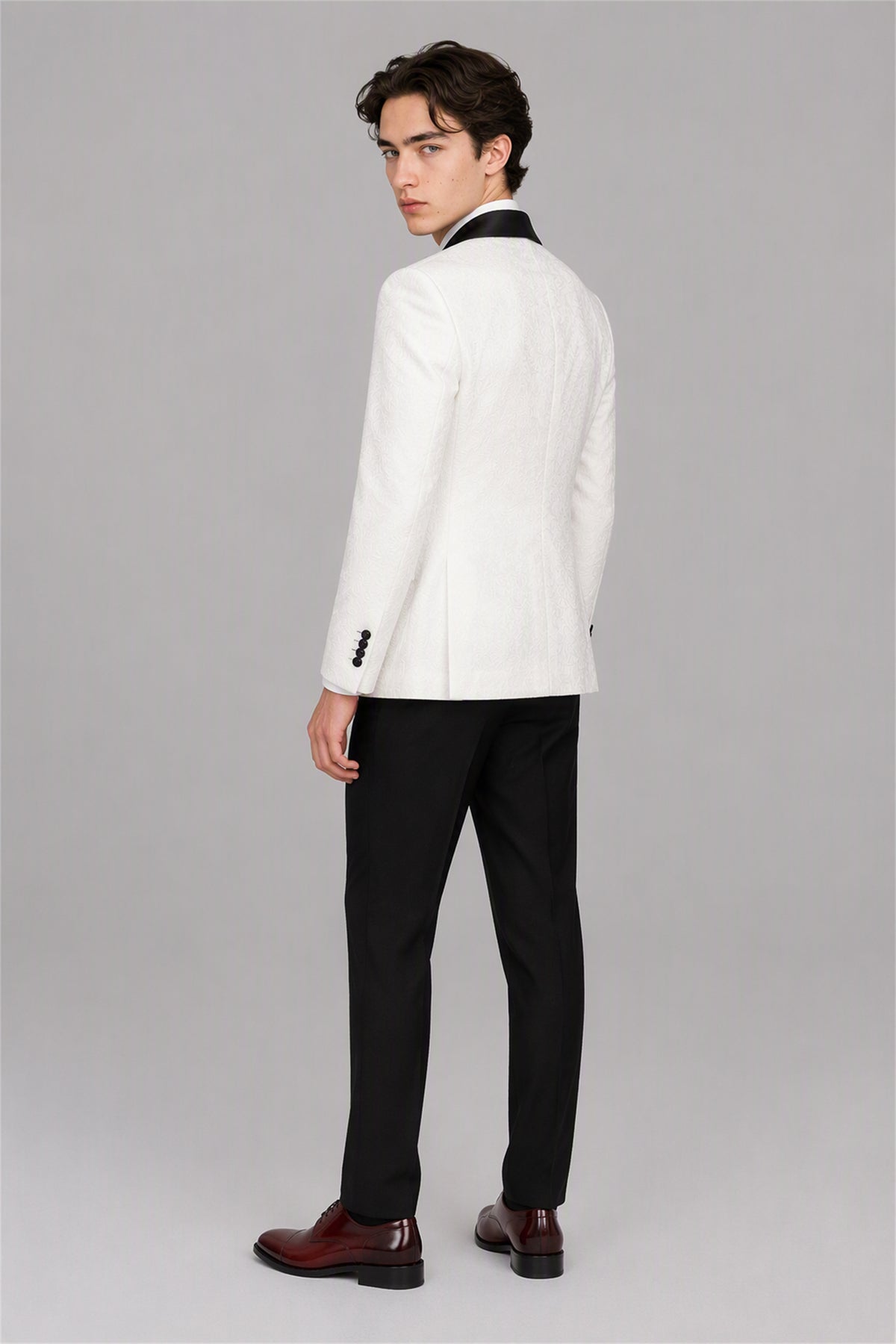 Savile White 3-Piece Tuxedo Set – Full front standing view, hand in pocket showing slim-fit silhouette and black satin shawl lapel contrast