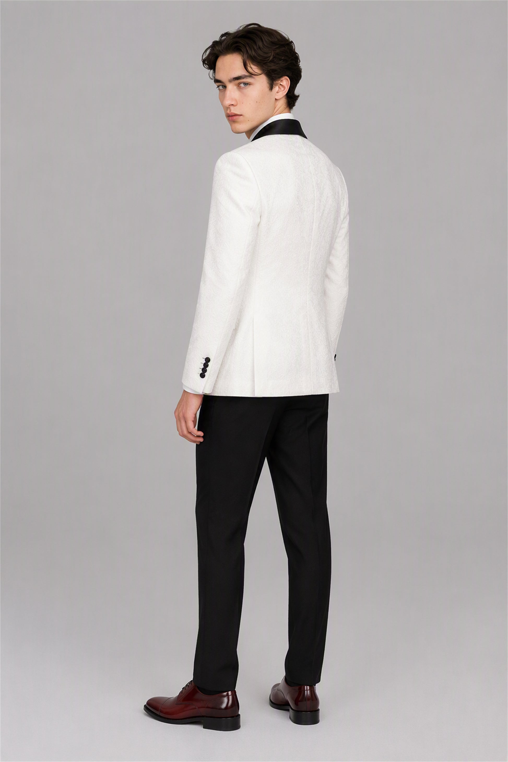 Savile White 3-Piece Tuxedo Set – Full front standing view, hand in pocket showing slim-fit silhouette and black satin shawl lapel contrast