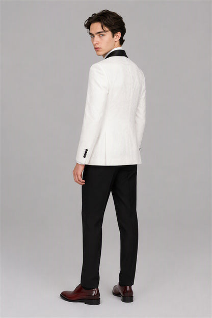 Savile White 3-Piece Tuxedo Set – Full front standing view, hand in pocket showing slim-fit silhouette and black satin shawl lapel contrast