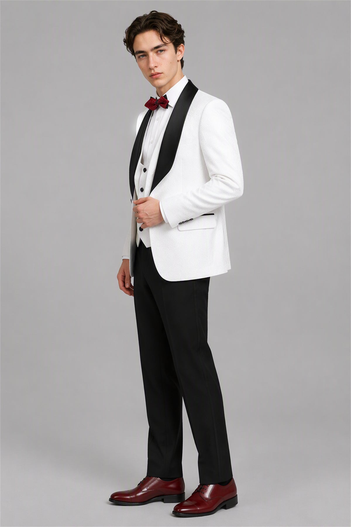 Savile White 3-Piece Tuxedo Set – Full rear view showing white jacket back construction, black satin lapel edge and tapered black trouser fit