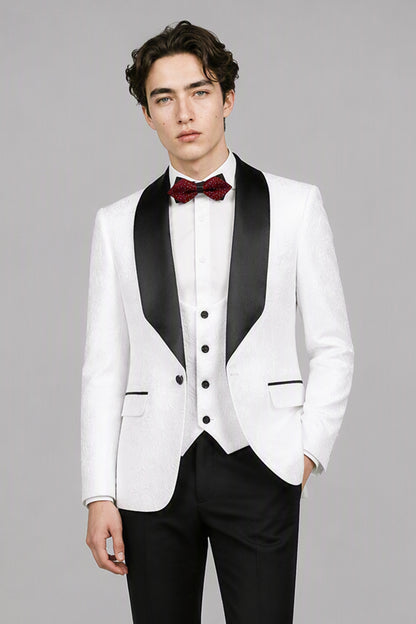 Savile White 3-Piece Tuxedo Set – Three-quarter side view, model adjusting jacket showing slim silhouette, white body and black satin lapel profile