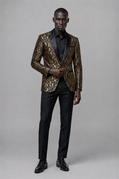 Savile Black & Gold Jacquard Tuxedo Jacket – Half-body front close-up showing baroque gold jacquard texture, black satin peak lapel and black trim detail