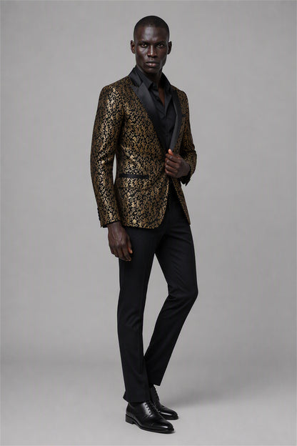 Savile Black & Gold Jacquard Tuxedo Jacket – Full front walking view showing natural drape, gold jacquard body and tapered black trouser fit