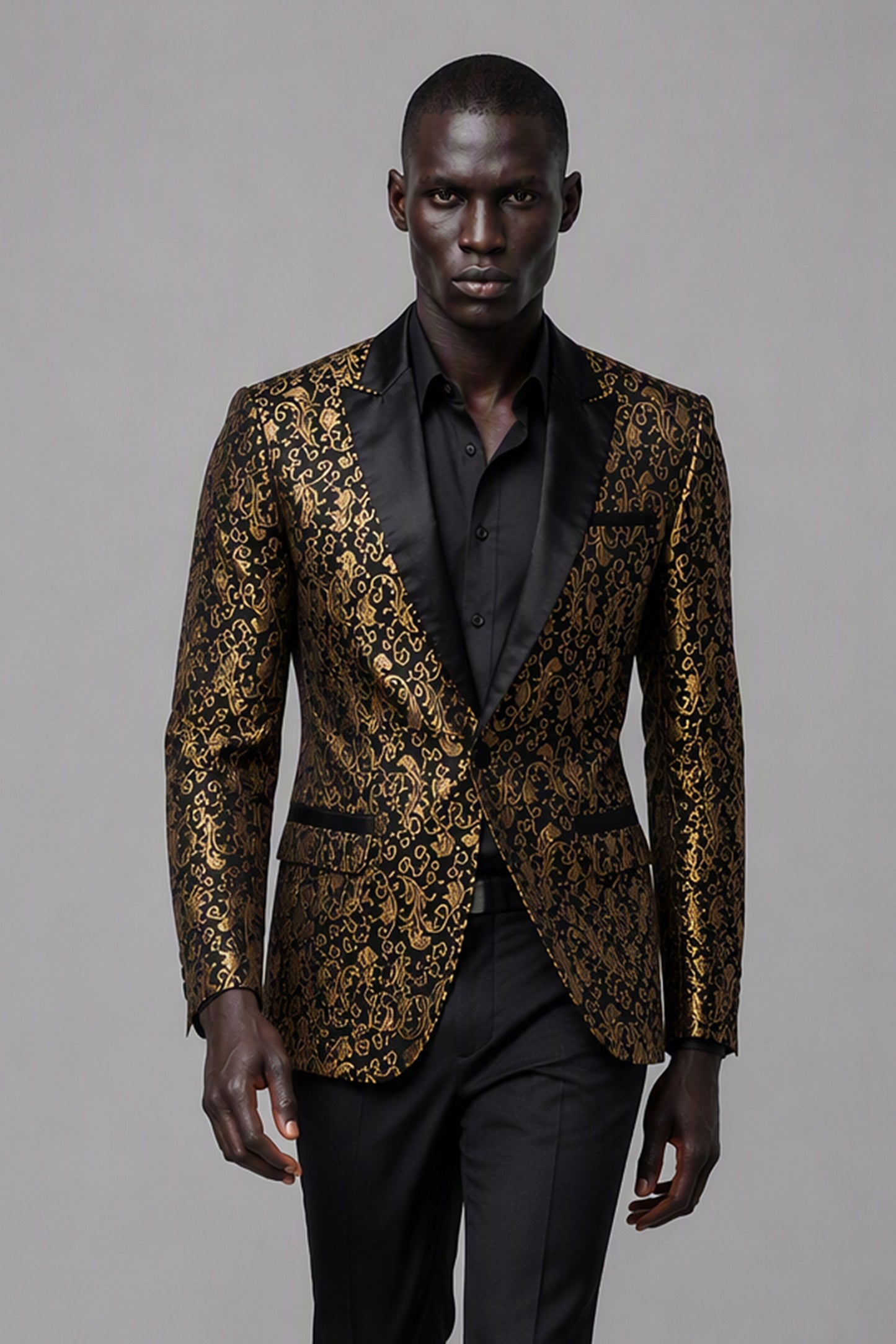 Savile Black & Gold Jacquard Tuxedo Jacket – Full rear three-quarter view showing baroque jacquard back construction, satin lapel edge and tapered trouser fit