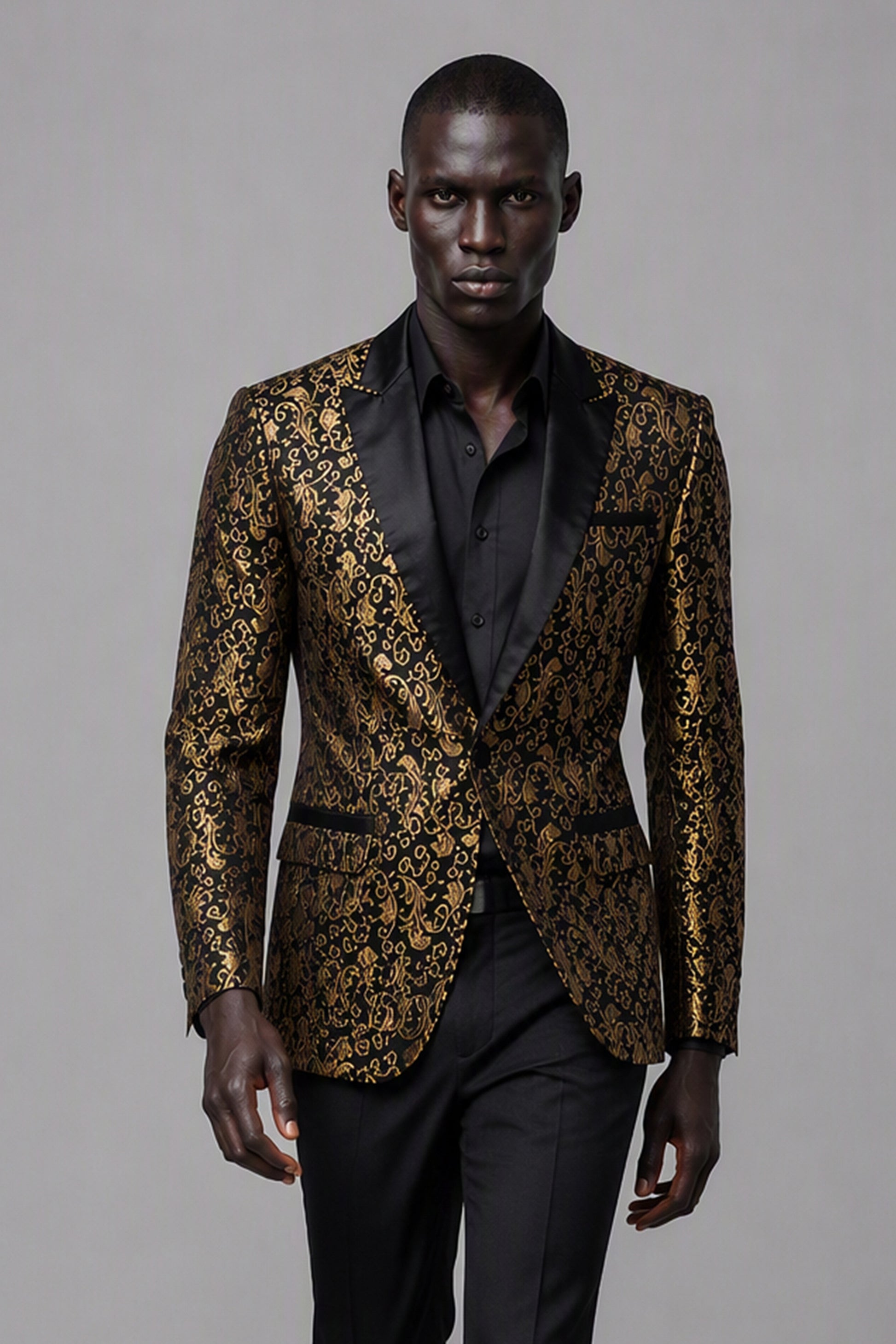 Savile Black & Gold Jacquard Tuxedo Jacket – Full rear three-quarter view showing baroque jacquard back construction, satin lapel edge and tapered trouser fit