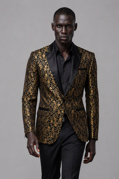 Savile Black & Gold Jacquard Tuxedo Jacket – Full rear three-quarter view showing baroque jacquard back construction, satin lapel edge and tapered trouser fit