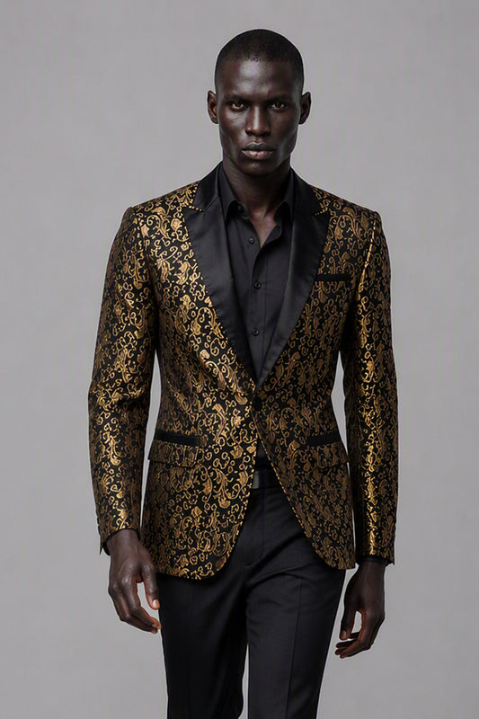 Savile Black & Gold Jacquard Tuxedo Jacket – Full rear three-quarter view showing baroque jacquard back construction, satin lapel edge and tapered trouser fit