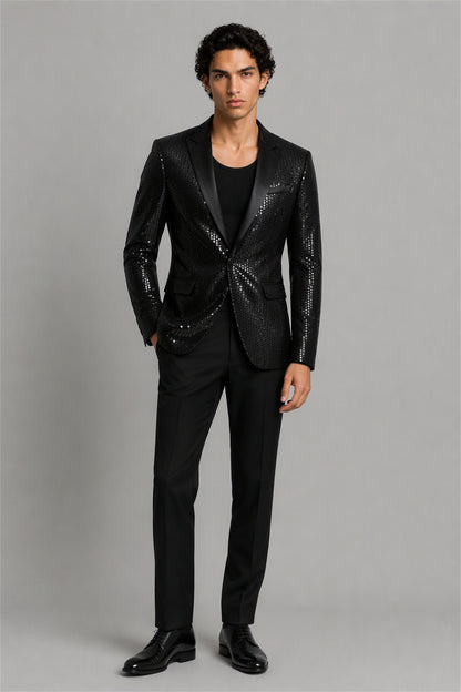 Savile Black Sequin Tuxedo Jacket – Rear three-quarter view showing sequin jacket back construction and black satin lapel edge