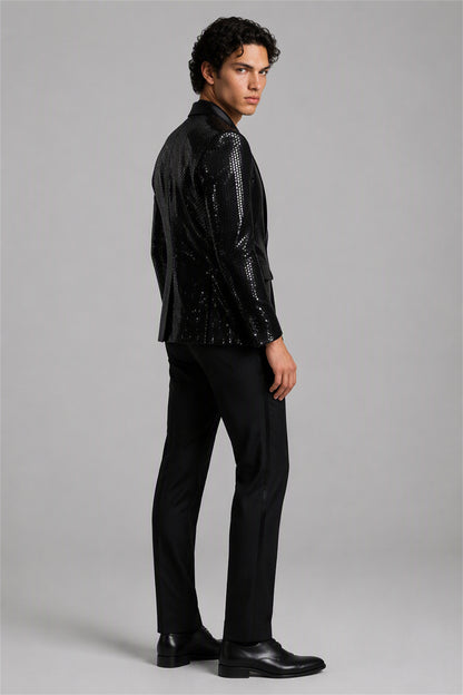 Savile Black Sequin Tuxedo Jacket – Full side profile view showing slim silhouette, sequin texture and black satin peak lapel profile