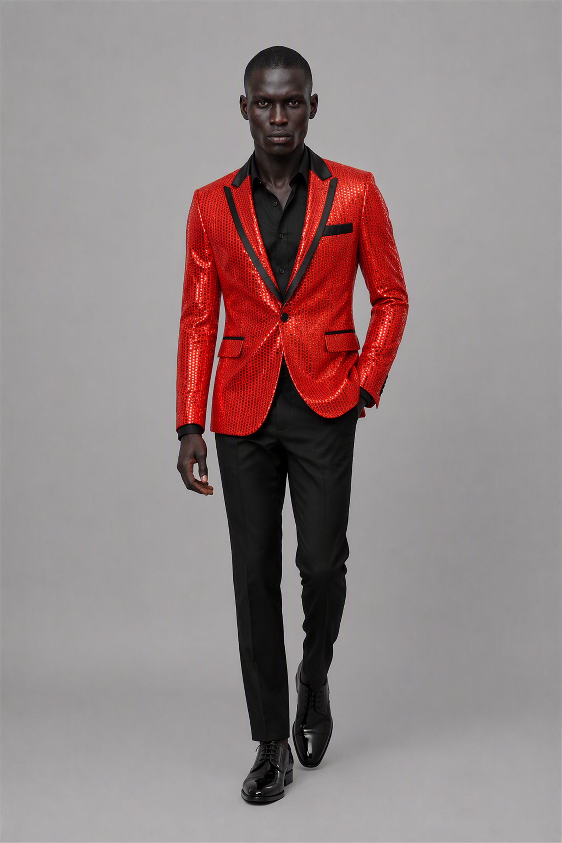 Savile Red Sequin Tuxedo Jacket – Full side profile rear view showing slim silhouette, red sequin texture and black satin lapel profile