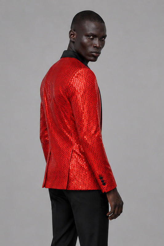 Savile Red Sequin Tuxedo Jacket – Full front close-up standing view showing red sequin body, black satin lapel and pocket trim detail