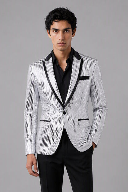 Savile Silver Sequin Tuxedo Jacket – Full rear three-quarter side view showing silver sequin jacket back construction and black satin lapel edge