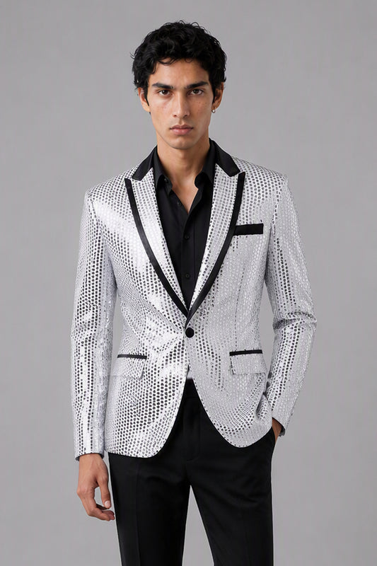 Savile Silver Sequin Tuxedo Jacket – Full rear three-quarter side view showing silver sequin jacket back construction and black satin lapel edge