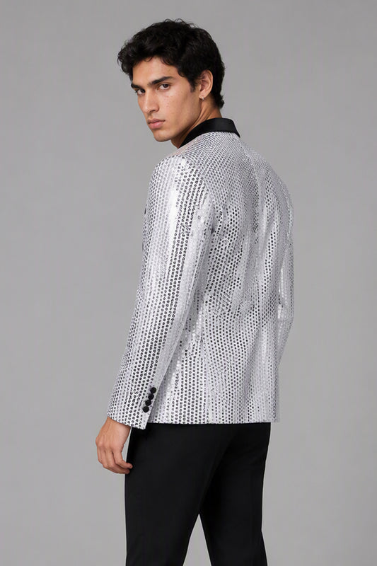 Savile Silver Sequin Tuxedo Jacket – Full rear view showing all-over silver sequin back, structured shoulders and tapered silhouette