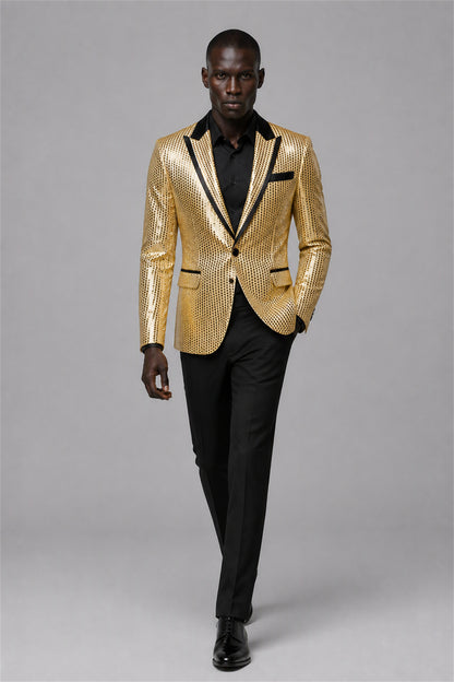 Savile Gold Sequin Tuxedo Jacket – Full side profile rear view showing slim silhouette, metallic gold sequin texture and black satin lapel profile