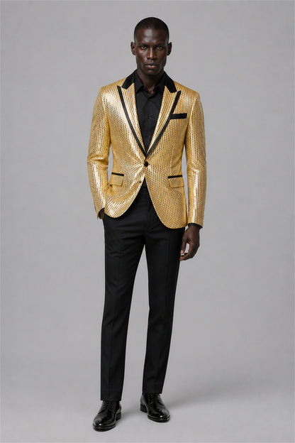Savile Gold Sequin Tuxedo Jacket – Full front walking view showing all-over metallic gold sequin jacket with black satin peak lapel, black shirt and black trousers