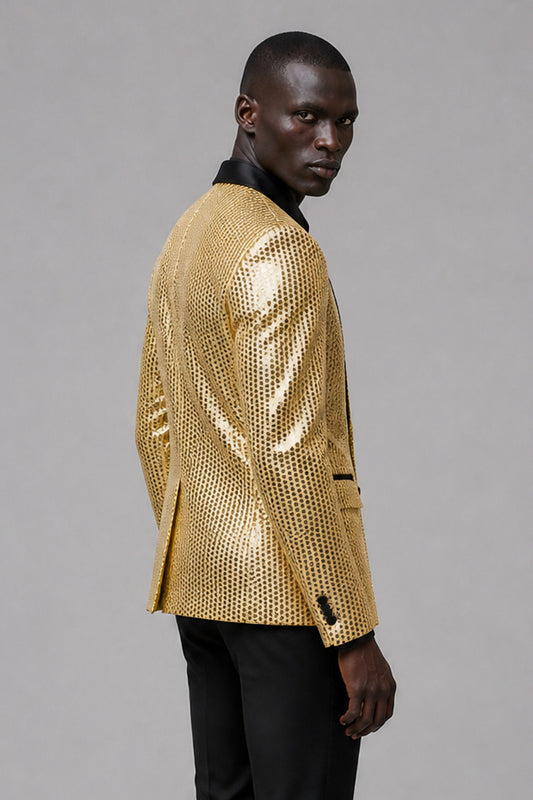 Savile Gold Sequin Tuxedo Jacket – Half-body front close-up showing metallic gold sequin embellishment, black satin peak lapel and pocket trim detail