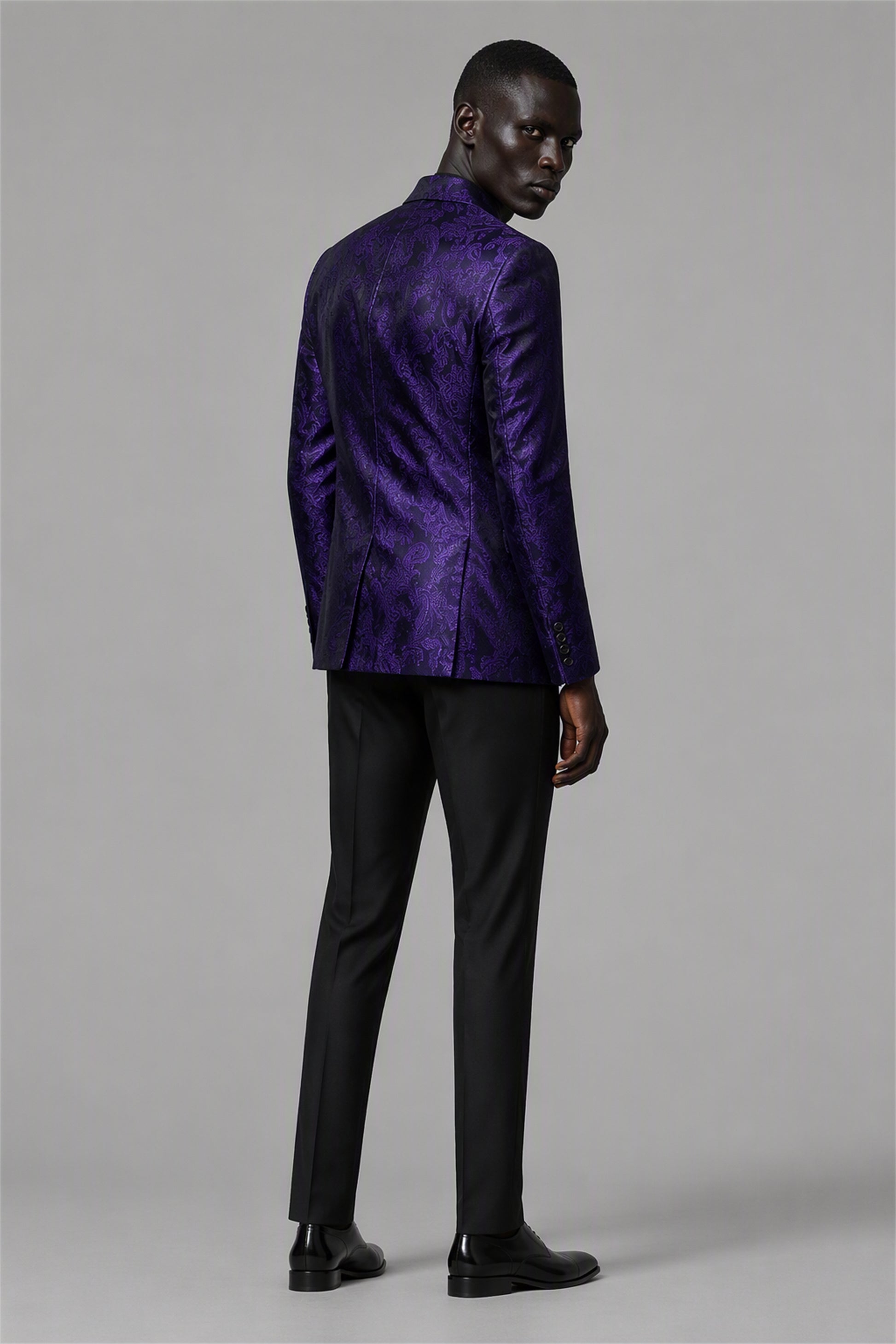 Savile Purple Paisley Jacquard Tuxedo Jacket – Full rear standing view showing all-over purple paisley jacquard back, structured shoulders and tapered silhouette