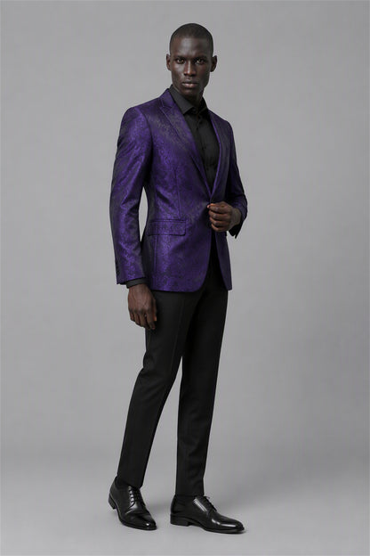 Savile Purple Paisley Jacquard Tuxedo Jacket – Half-body front close-up showing deep purple paisley jacquard weave, black satin peak lapel and pocket trim