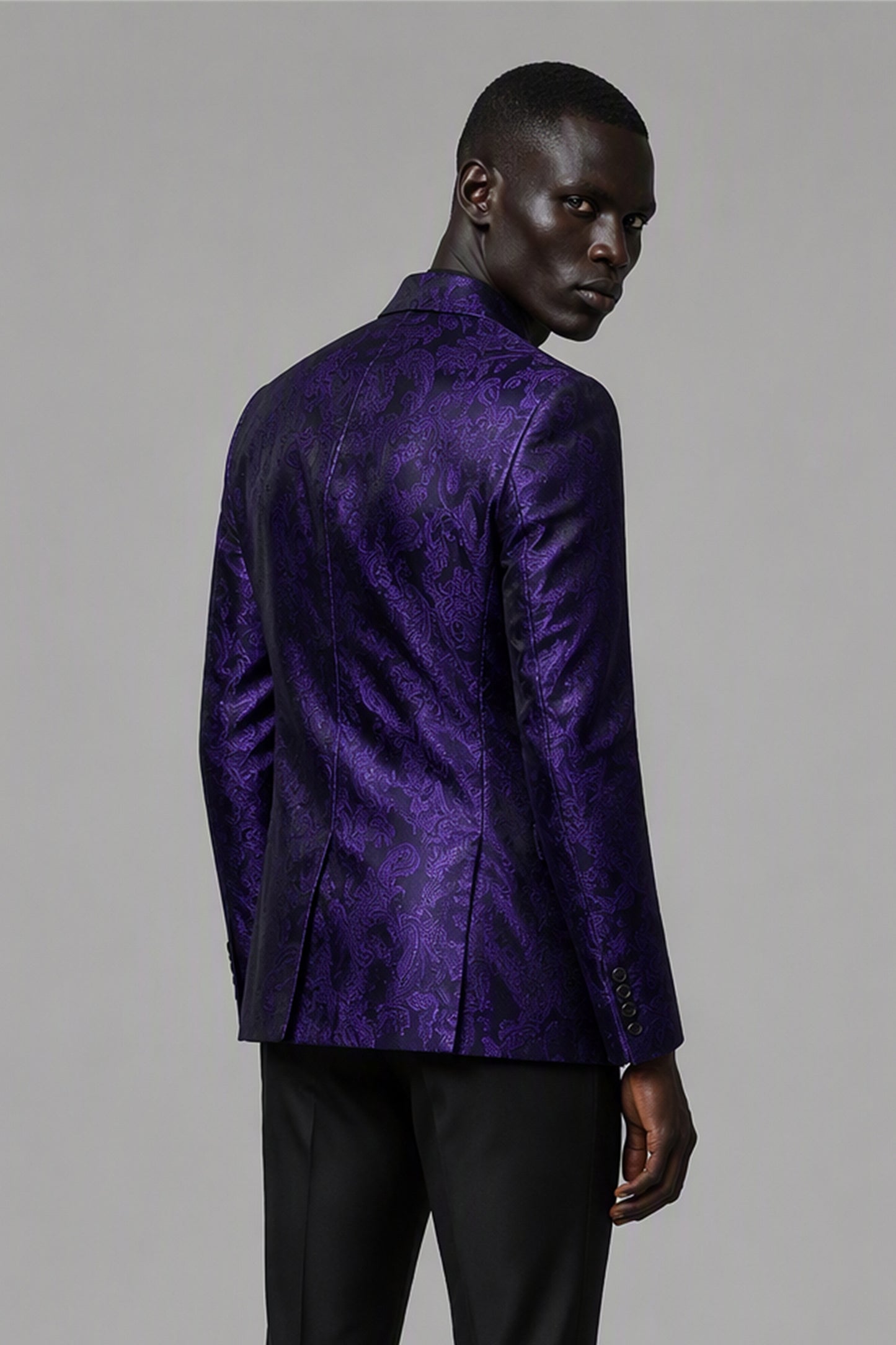Savile Purple Paisley Jacquard Tuxedo Jacket – Rear three-quarter view showing purple paisley jacket back construction and black satin lapel edge