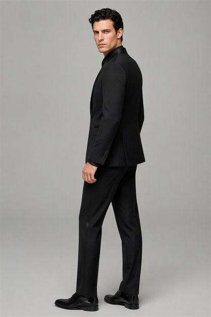Savile Black 3-Piece Tuxedo Set – Half-body front close-up showing black wool-blend jacket, black satin shawl lapel, black vest and black shirt styling