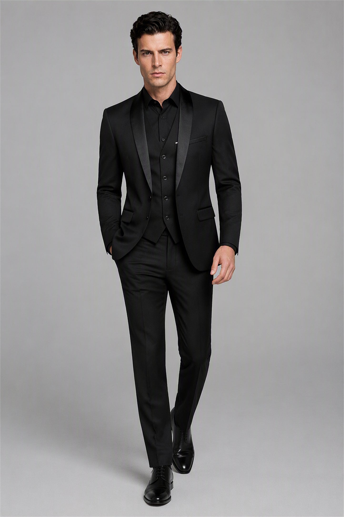 Savile Black 3-Piece Tuxedo Set – Full front walking view showing complete all-black look with jacket, vest and trousers with black oxford shoes