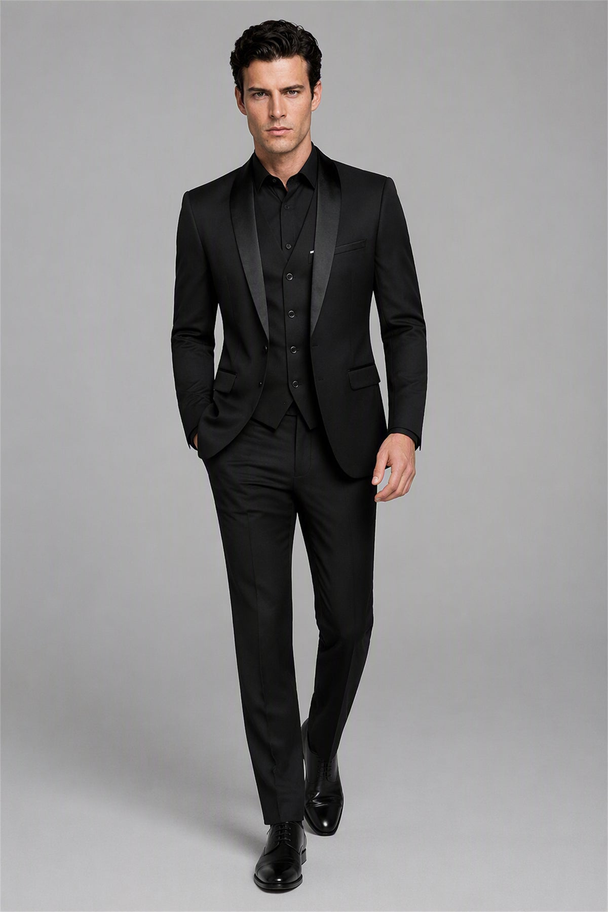 Savile Black 3-Piece Tuxedo Set – Full front walking view showing complete all-black look with jacket, vest and trousers with black oxford shoes