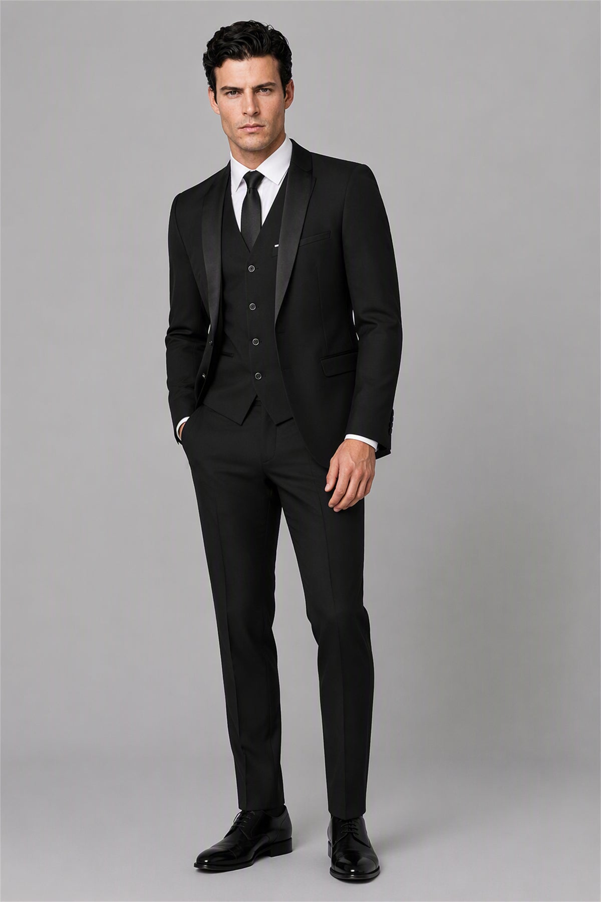 Savile Black 3-Piece Tuxedo Set – Full front standing view with white shirt and black tie showing classic black-tie styling with vest and shawl lapel