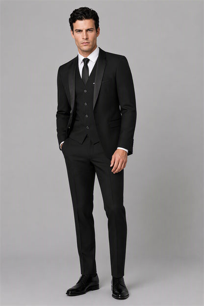 Savile Black 3-Piece Tuxedo Set – Full front standing view with white shirt and black tie showing classic black-tie styling with vest and shawl lapel