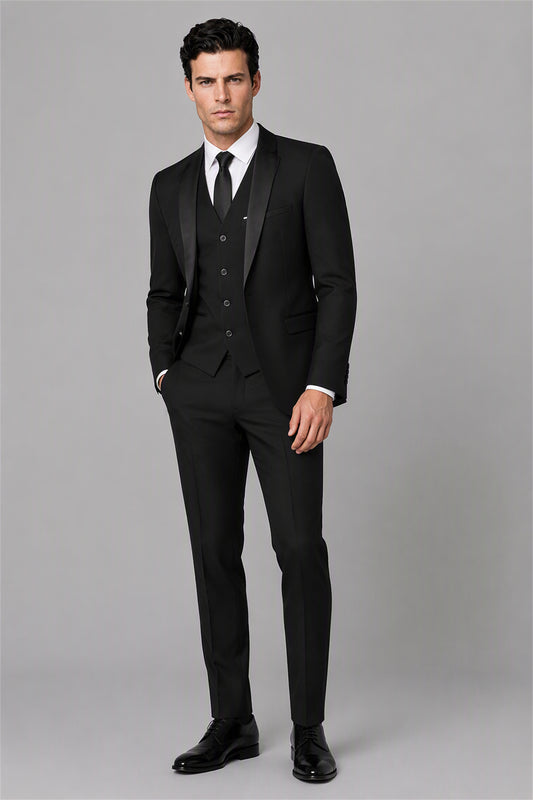Savile Black 3-Piece Tuxedo Set – Full front standing view with white shirt and black tie showing classic black-tie styling with vest and shawl lapel