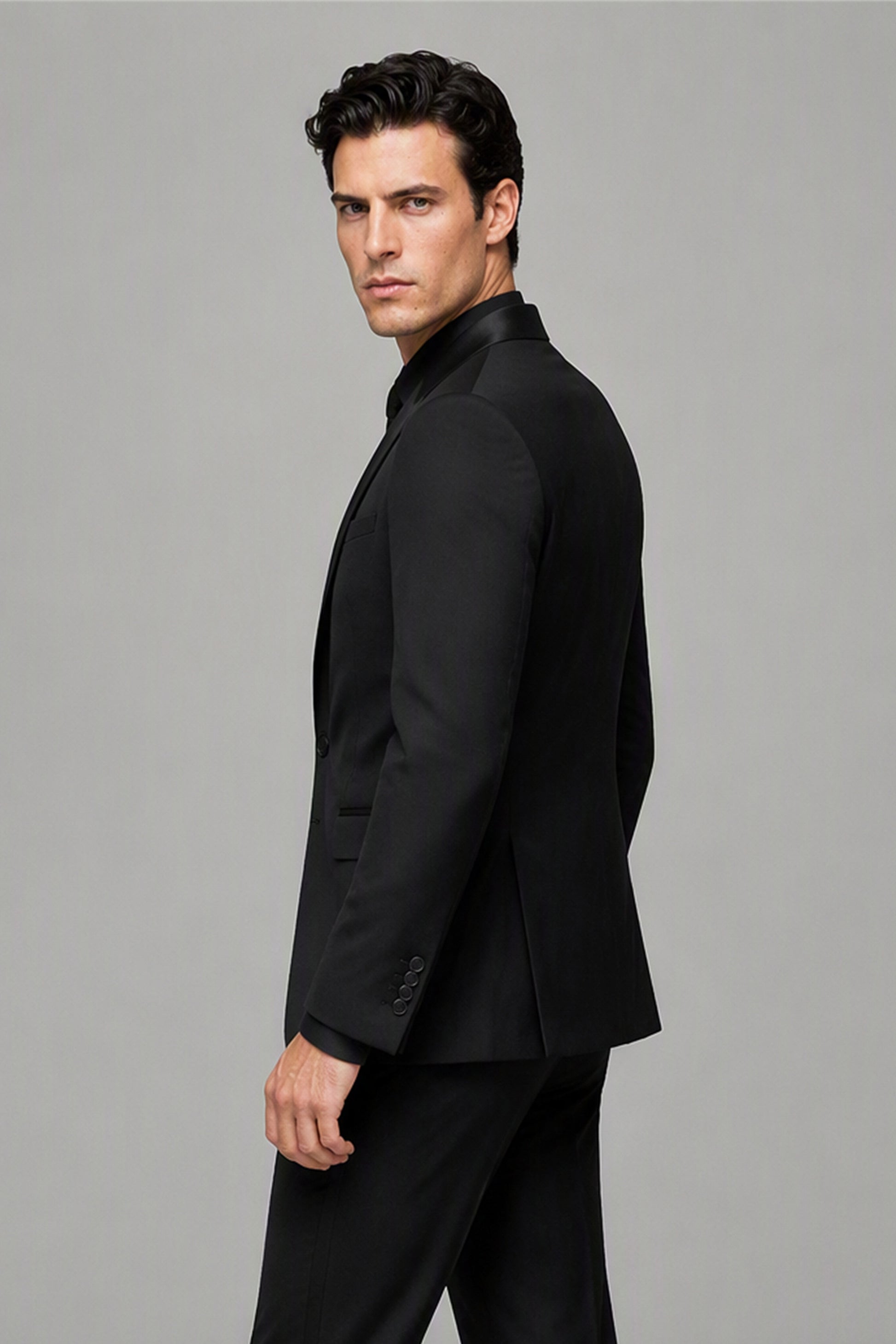 Savile Black 3-Piece Tuxedo Set – Full side profile view showing slim silhouette, black satin shawl lapel edge and tapered trouser fit