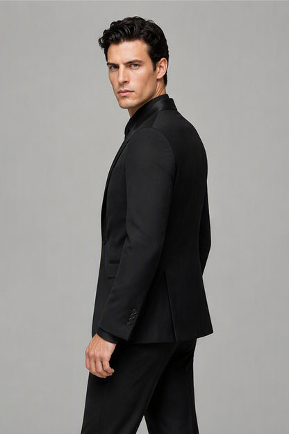 Savile Black 3-Piece Tuxedo Set – Full side profile view showing slim silhouette, black satin shawl lapel edge and tapered trouser fit