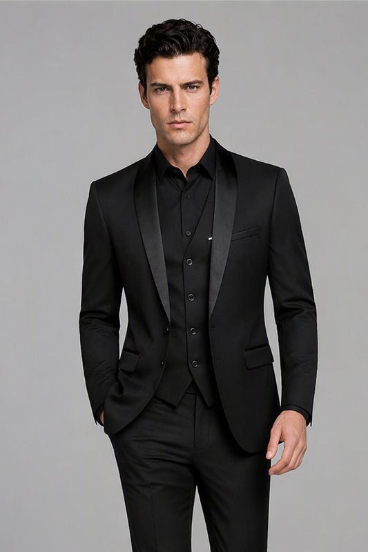 Savile Black 3-Piece Tuxedo Set – Full front standing view with white shirt and black tie, hands in pockets showing complete 3-piece silhouette