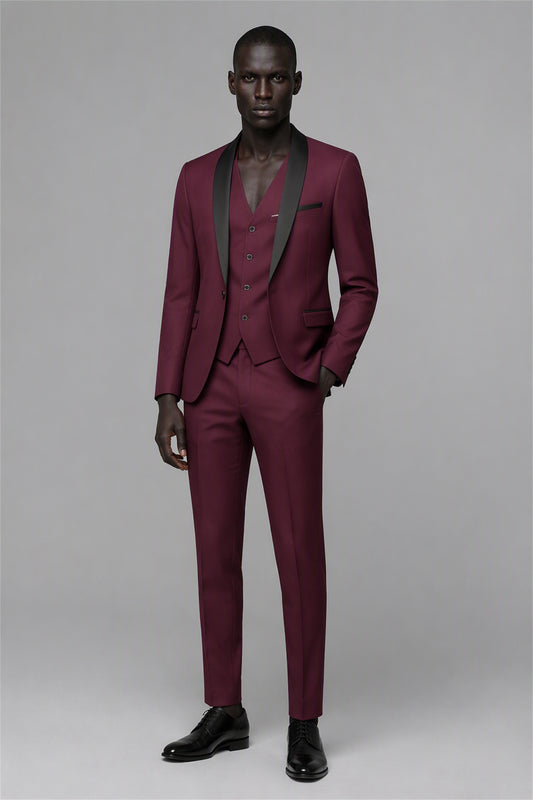 Savile Burgundy 3-Piece Tuxedo Set – Upper-body front close-up showing deep burgundy wool-blend jacket, black satin shawl lapel, burgundy vest with black buttons and black shirt