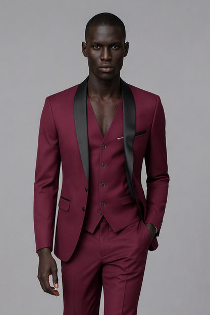 Savile Burgundy 3-Piece Tuxedo Set – Full front walking view showing natural drape, burgundy jacket and vest with tapered trouser break and black oxford shoes