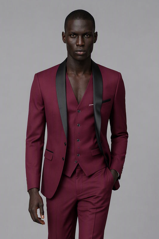Savile Burgundy 3-Piece Tuxedo Set – Full front walking view showing natural drape, burgundy jacket and vest with tapered trouser break and black oxford shoes