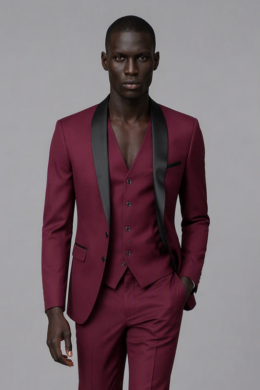 Savile Men's Burgundy 3-Piece Tuxedo Set | Jacket, Vest & Trousers with Shawl Lapel