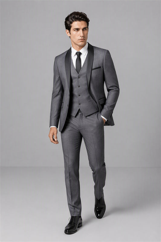 Savile Grey 3-Piece Tuxedo Set – Half-body front close-up showing charcoal grey wool-blend jacket, black satin shawl lapel, grey vest with black buttons and black shirt styling